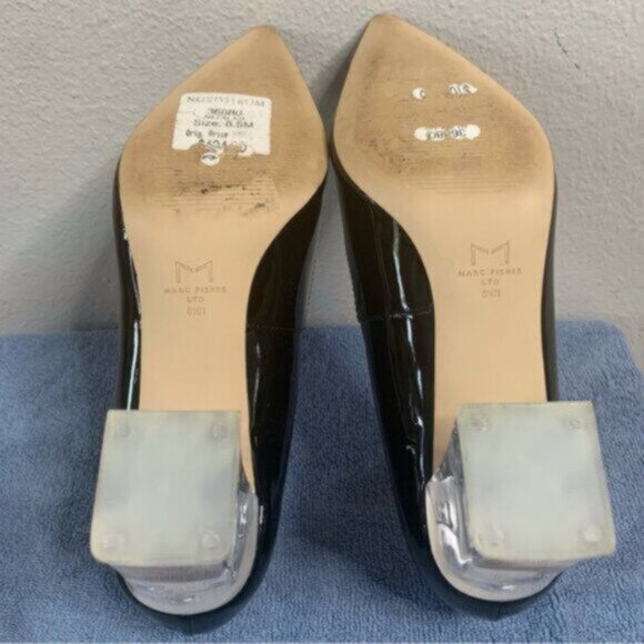 Marc Fisher Ltd Black Patent Leather Pointed Toe Clear Block Heels - Picture 15 of 15